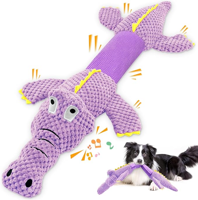 Interactive Tug of War Dog Toys for Small to Large Breeds-Squeaky Plush Puppy Toys with Crinkle Paper, Stuffed Chew Dog Toys to Keep Them Busy, Training Reward Gift (Purple)