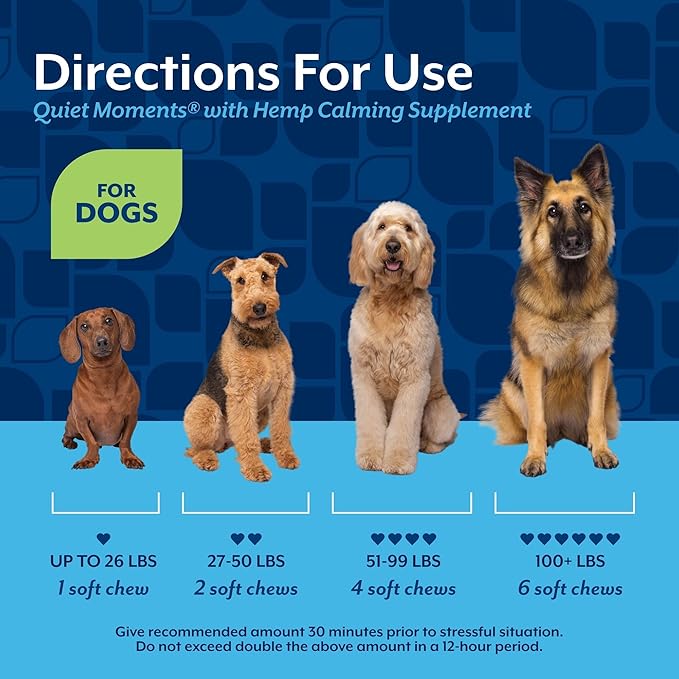 NaturVet Quiet Moments Calming Aid Dog Supplement, Helps Promote Relaxation, Reduce Stress, Storm Anxiety, Motion Sickness for Dogs (Quiet Moments Plus Hemp, 180 Soft Chews)