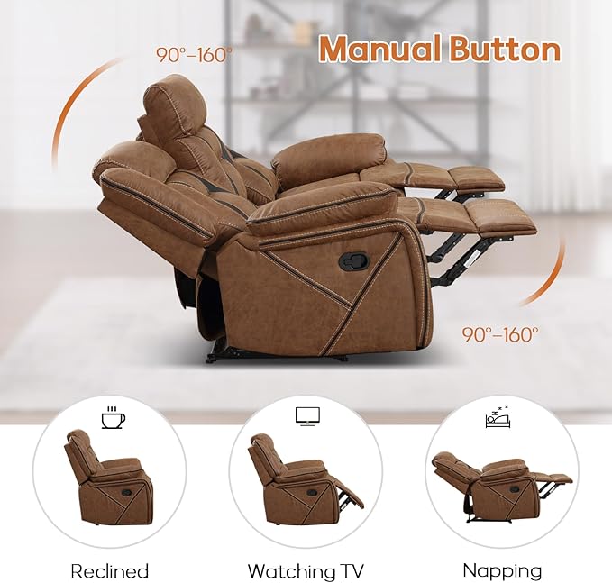 EBELLO Manual Recliner Sofa Set, Faux Leather Reclining Living Room Furniture Set, Included Loveseat and 3 Seat Manual Recliner Sofa, Brown(Loveseat+Sofa)