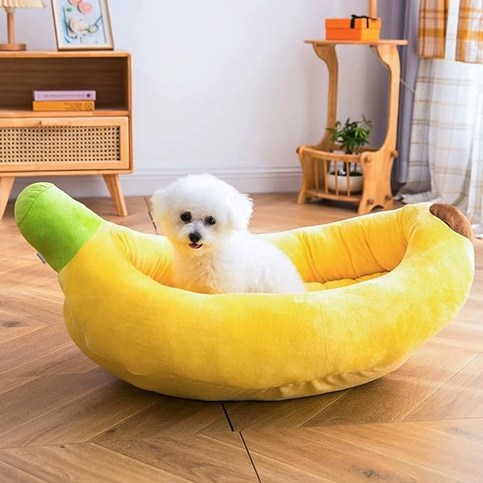 Banana Pet Bed for Small Dogs and Cats, Cozy Enclosed Calming Cave Bed with Removable Plush Cushion for Indoor Kittens Puppies Small Pets (Banana Bed + Bone Toy, X-Large)