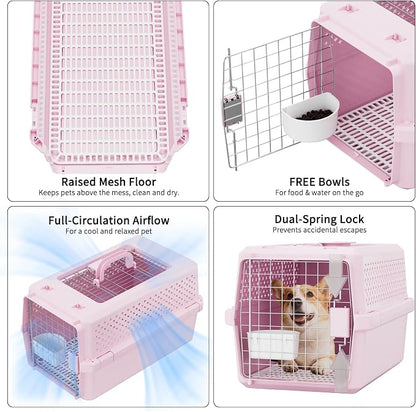 RIZZARI Pink Pet Carrier with Wheels for Cats and Small Dogs Up to 25 Lbs, Top Opening Hard-Sided Cat Carrier, Rolling Travel Kennel with Pull Strap, Feeding Bowl, Metal Door and Ventilated Design