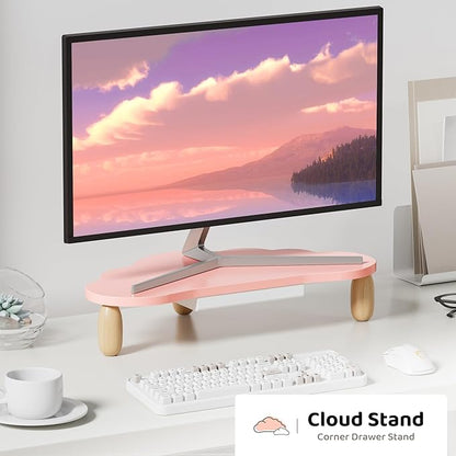 AFOOYO Monitor Stand Riser,Cloud-Shaped Sturdy Wood Computer Monitor Riser Wirh Drawer, Monitor Stand Riser, Multi-Purpose Desktop Organizer Riser for Computer,Laptop,Printer,TV,Pink