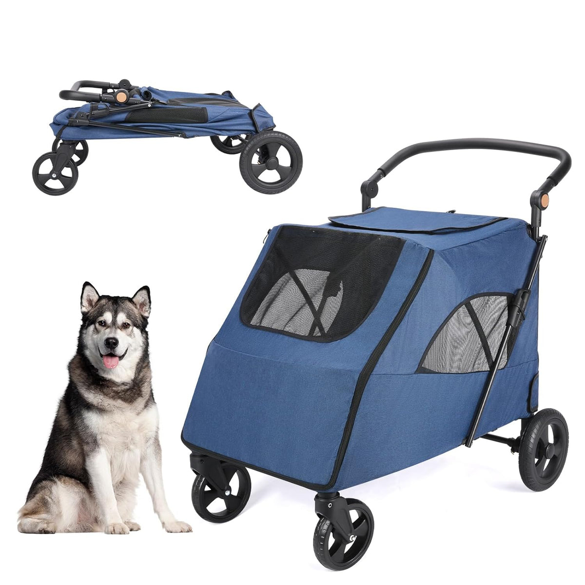 Large Dog Travel Stroller with 4 Heavy Duty Wheels Pet Stroller with Adjustable Handle - Double Doggie Capacity Jogger Wagon with Back Front Door for Small Medium Large Dogs (Navy-C)