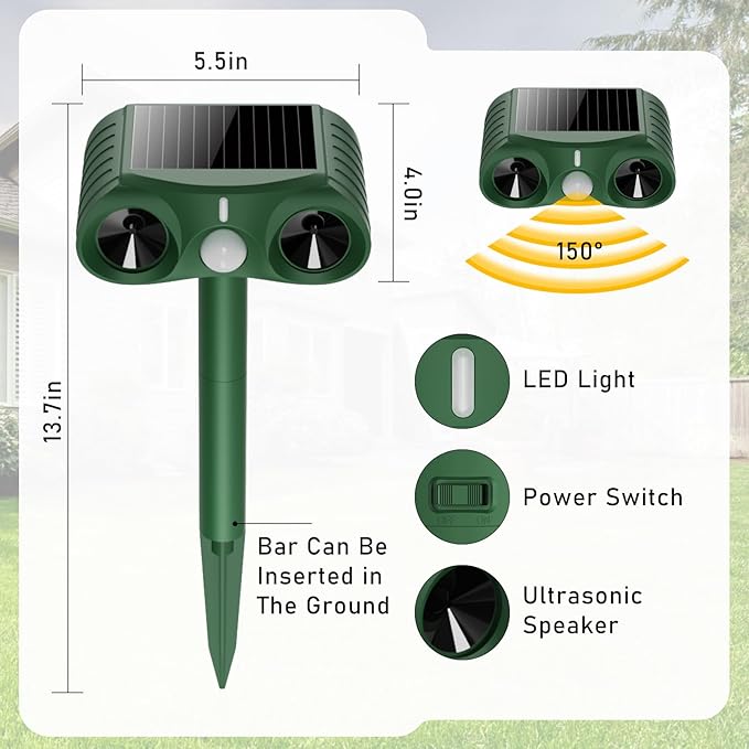 4PCS 2026 Upgraded Ultrasonic Solar Animal Repellent Outdoor,USB-C Charging and Wall-Mounting Capability with Motion Activated,for Deer Cat Squirrel Raccoon Rabbit Dog Garden Yard