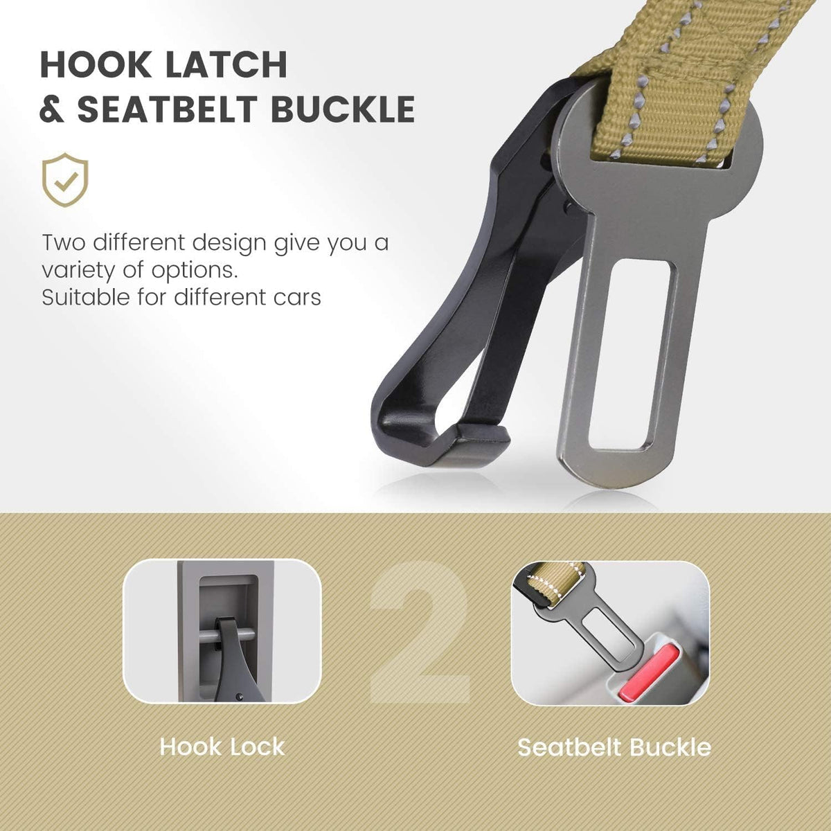 IOKHEIRA Dog Seat Belt 3-in-1 Car Harness for Dogs Adjustable Safety Seatbelt for Car Durable Nylon Reflective Bungee Fabric Tether with Clip Hook Latch & Buckle, Swivel Zinc Alloy Carabiner Green