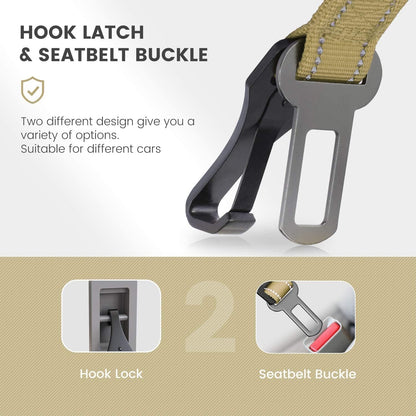 IOKHEIRA Dog Seat Belt 3-in-1 Car Harness for Dogs Adjustable Safety Seatbelt for Car Durable Nylon Reflective Bungee Fabric Tether with Clip Hook Latch & Buckle, Swivel Zinc Alloy Carabiner Green