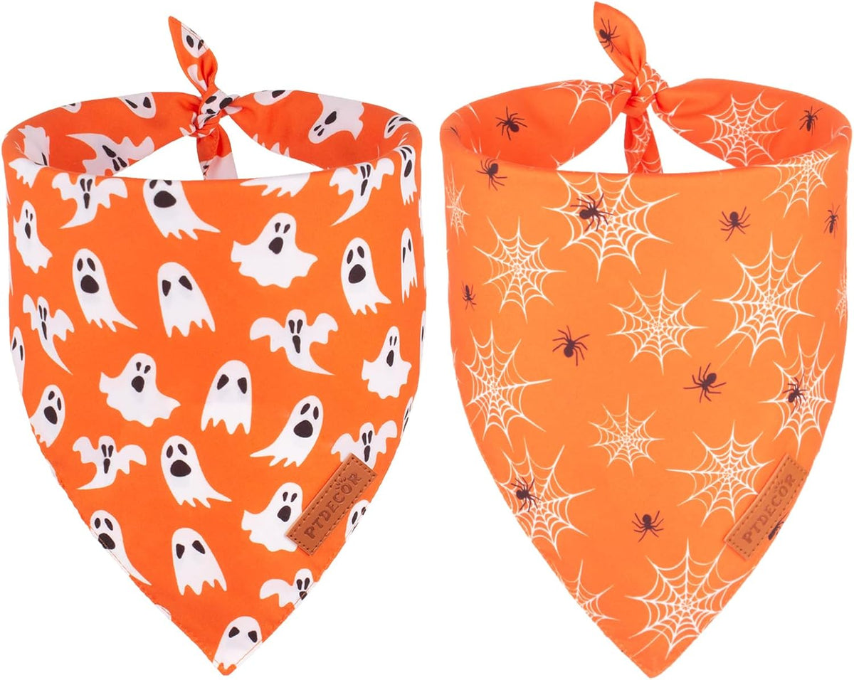 PTDECOR Halloween Dog Bandana, Reversible Holiday Pet Puppy Scarf, Multi Size, Triangle Halloween Bandanas for Medium Large Dogs Pets (Orange, Large)