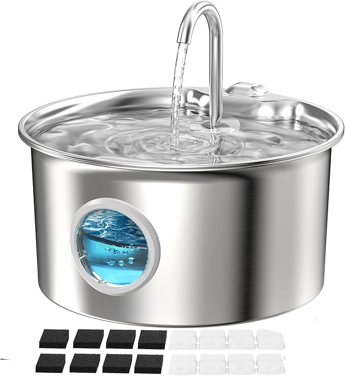 Pet Water Fountain Stainless Steel: Mental Cat Water Fountains with 8 Filters + 8 Sponges - 88oz/2.6L Noiseless Cats Waterer Bowl Dispenser - ATMZIQXR Kitten Drinking Fountains for Cats Indoor