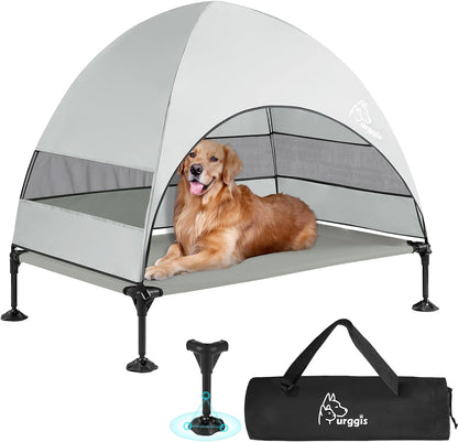 Upgraded Elevated Dog Bed with Canopy, Portable Raised Outdoor Dog Bed with Stable Anti-Slip Feet, Removable Wider Shade, Raised Dogs Cot for Large Pets Camping, Indoor & Outdoor Use