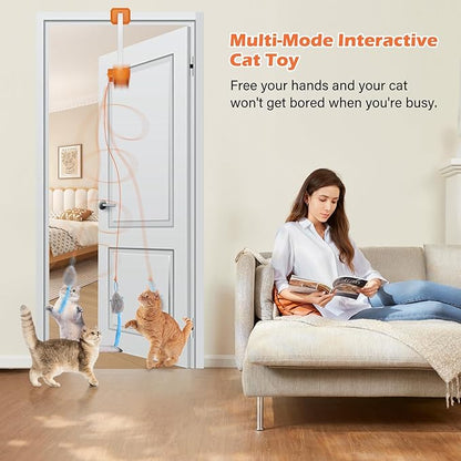 Rechargeable Electric Cat Teaser with Remote – Interactive Door Clip Toy for Cats, 2 Motion Modes (360° Spin & Irregular Jumping), Smart Auto Cat Toy for Exercise & Fun (Orange)