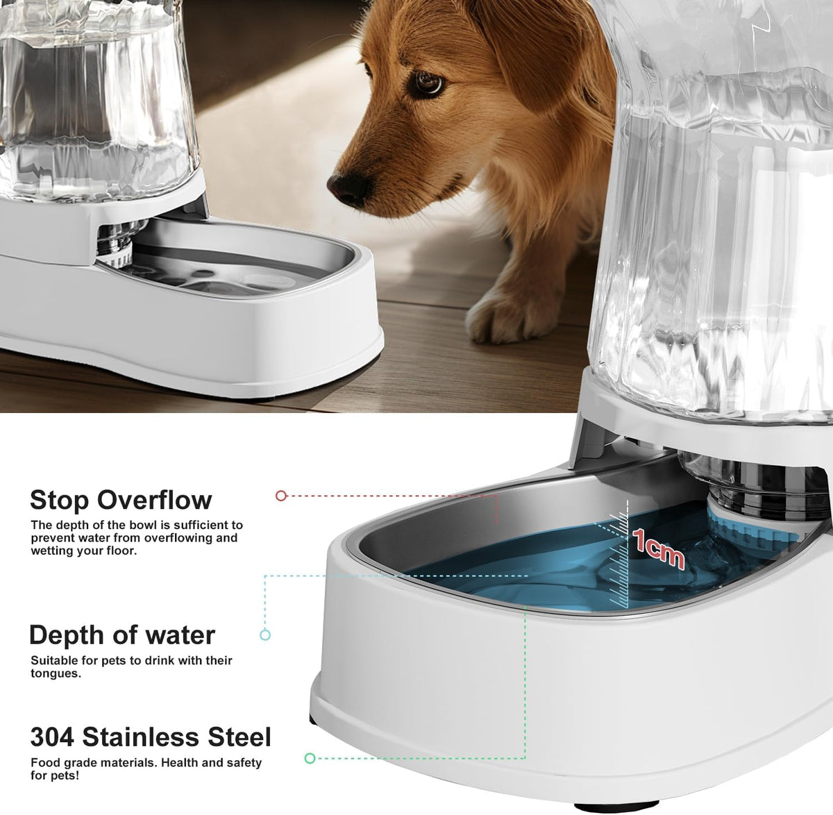 Gardner Pet Automatic Dog Water Dispenser Gravity Stainless Steel Water Waterer Feeder, 100% BPA-Free Large Capacity Water Feeding Bowls for Medium & Large-Sized Dogs Cats Other Pets -(1 Gallon)