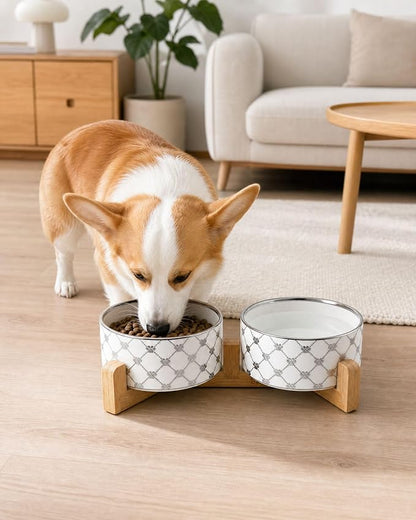 TRUVIC Ceramic Dog Bowl Set of 2 with Wood Stand, Silver Claw Pattern Dog Food and Water Bowl Set, 3.5 Cup/28 oz Puppy Food Bowls for Medium Dogs, Dishwasher Safe