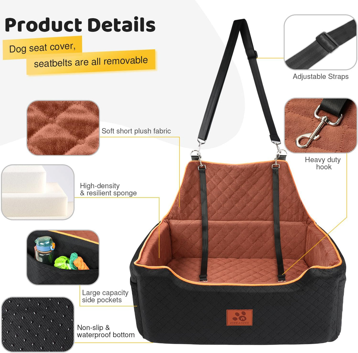 Dog Car Seat for Large/Medium Dog, Booster Seat for Dogs Under 55Lbs or 2 Small, Detachable and Washable Travel Pet Seat with Thick Cushion and Storage Pockets (Black/Brown)