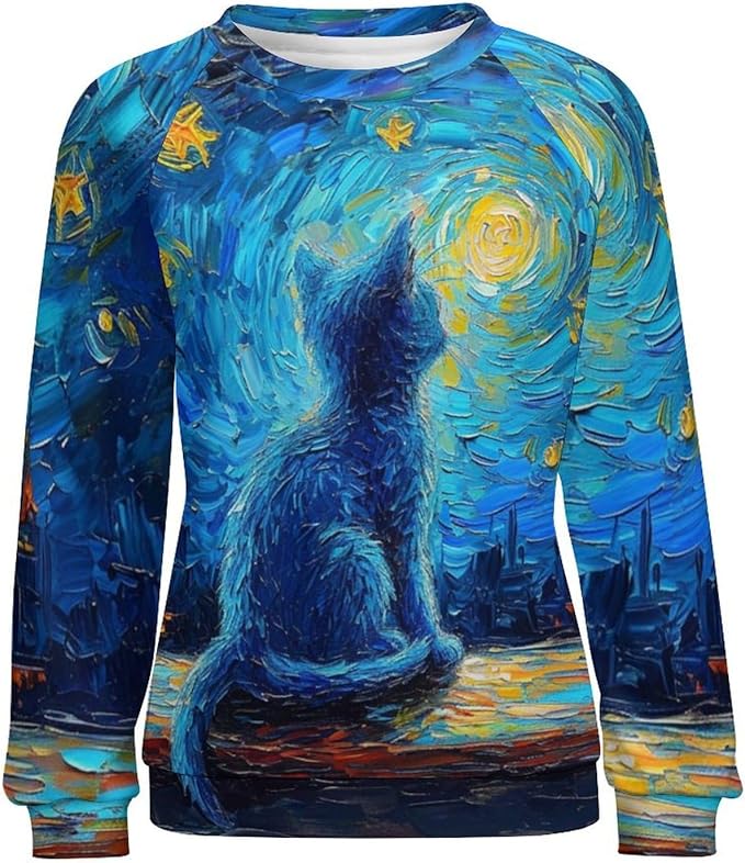 Long Sleeve Shirts for Women Cat Oil Painting Shirt 3D Graphic Sweatshirts Fall Pullover Crewneck Vintage Boho Tops