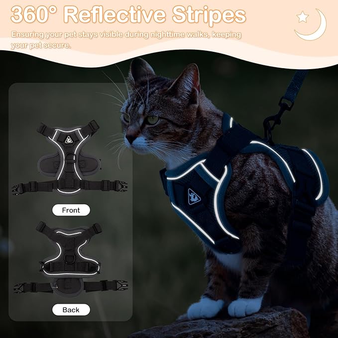 Cat Harness and Leash for Walking Soft Cat Harness Escape Proof, Adjustable Kitten Harness Cat Leash Reflective Strips Jacket, Breathable Cat Vest Harness Set for Kitten Easy to Wear Outdoor Walking