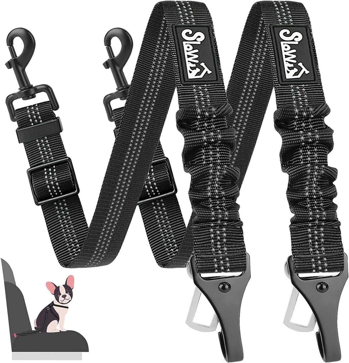 SlowTon Dog Seat Belt, Adjustable Dog Safety Belt Leash, 2 in 1 Latch Bar Attachment Dog Car Seatbelt with Elastic Nylon Bungee Buffer, Reflective Nylon Belt Tether Connect to Dog Harness (2Black)