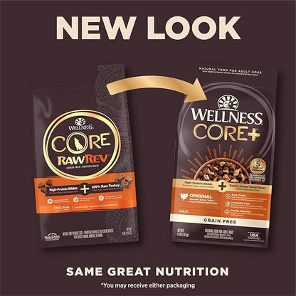 Wellness CORE RawRev Grain-Free Dry Dog Food, Natural Ingredients, Made in USA with Real Freeze-Dried Meat (Adult, Turkey, 4 lbs) (Pack of 2)