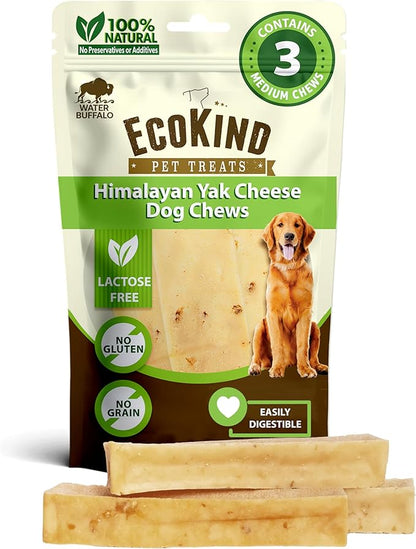 EcoKind Premium Gold Yak Cheese Himalayan Dog Chews, Healthy Dog Treats for Medium Dogs, All Natural, High Protein Dog Chew, Water Buffalo, Medium - 3 Chews