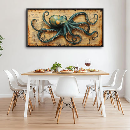 Large Octopus Nautical Wall Art for Living Room, Vintage Ocean Canvas Oversized Wall Decor, Rustic Sea Animal Framed Pictures Painting Print Artwork for Bedroom Office 60"L x 30"W