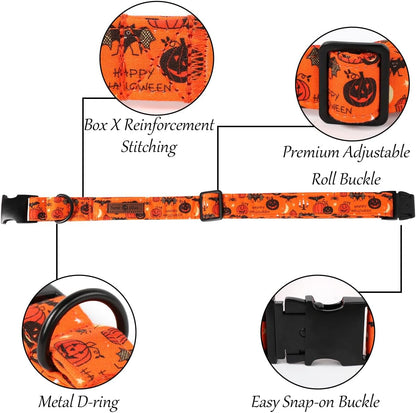 Lionet Paws Halloween Dog Collar with Flower, Cute Fall Orange Dog Collar for Large Dogs, Adjustable Cotton Pumpkin Bat Pet Collars for Girl Dogs