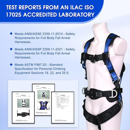 Fall Protection Premium Safety Harness with Shock Absorbing Lanyard, Vented & Padded Shoulder, Legs & Back - Upgrade 4 Quick Buckles (Blue)