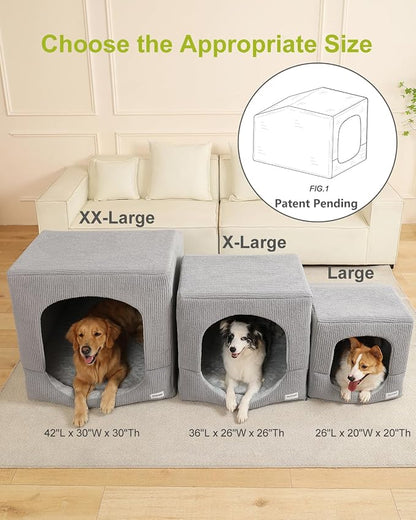Hovicaed Indoor Dog House Extra Large Sized Dog Tent with Cave Bed 42x30ins | Enclosed Covered Dog Bed With Washable Removable Cover Pet Orthopedic Egg-Crate Foam Cushion Sturdy Frame Inside Dog House