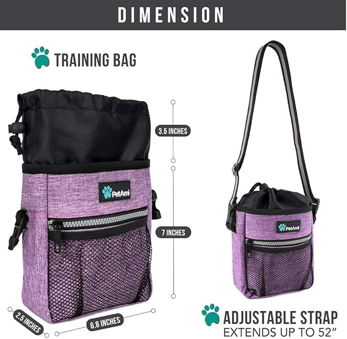 PetAmi Dog Treat Pouch, Pet Treat Pouch for Training, Dog Walking Bag Holder for Kibbles, Pet Food Toy, Dog Trainer Essentials Supplies, Poop Bag Dispenser, 3 Ways to Wear (Purple)