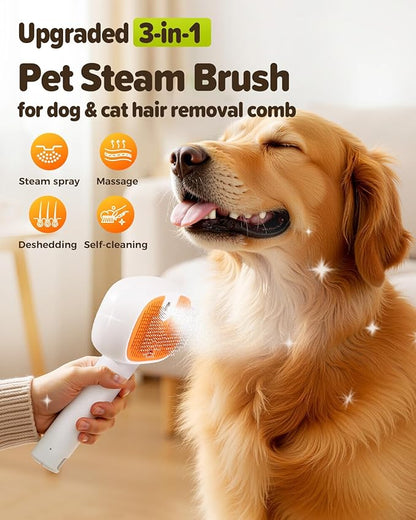 Pet Steam Brush for Dog &Cat, 3-in-1 Self-Cleaning Dog Brush Pet Spray Hair Removal Comb, 2 Spray Modes Rechargeable Deshedding Dog Steam Spray Hair Brush for Shedding Massaging Cleaning (White)