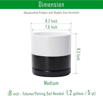 D'vine Dev 8.2 Inch Ceramic Planter Pot, Black White Two Tone, 94-O-D-L | Modern Cylinder Design, Drainage Hole & Saucer Included, Stable Structure, Elegant Home Accent
