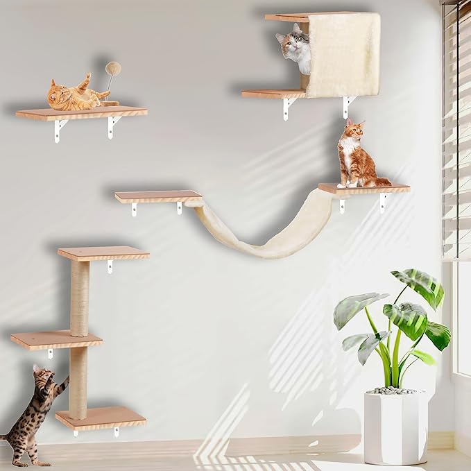 Cat Shelves for Wall，Solid Wood Cat Wall Furniture with Scratching Post,Hammock,Jumping Boards,Steps,Condo and Felt Pads, Suit for Cats Climb, Jump, Nap, Scratch-Beige