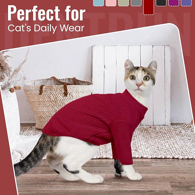 DENTRUN Sphynx Hairless Cats Shirt Pullover Kitten T-Shirts, Breathable Cat Wear Turtleneck Sweater Adorable Cat's Clothes Vest Pajamas Jumpsuit