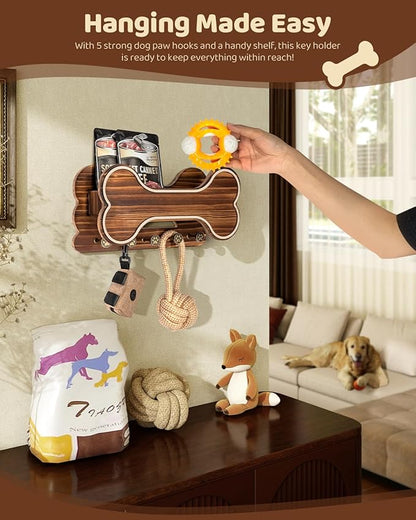 MTERSN Farmhouse Dog Leash Holder for Wall - Dog Stuff Organizer and Doggie Bone Key Holder Wall Mount with 5 Decorative 3D Puppy Paw Hooks & Storage Shelf - Ideal Home Decor (Brown)
