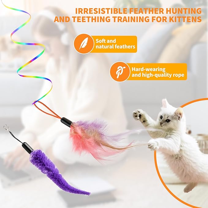 Interactive Cat Toy,Automatic Cat Toy for Indoor Cats,Hanging Door Clip Ribbon 360° Rotation,Feather & Rainbow Cat Stimulating Ribbons Cat Toys for Bored Adult/Kitten Exercise