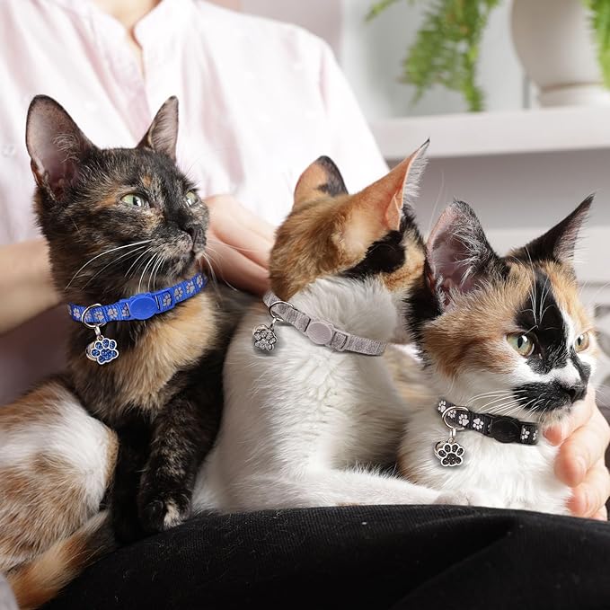4PCS Breakaway Cat Collars,Reflective Cat Collar with Bells,Kitten Collars for Boy&Girl Cats Breakaway Collar for Cats with Paw Pendant 6-9 Inch(Black+Blue+Green+Grey)
