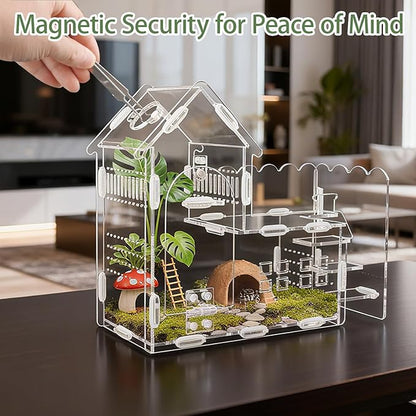 Magnetic Acrylic Terrarium for Jumping Spiders & Small Pets – Easy-Access Front Opening, Feeding Hole, Ideal for Reptiles, Tarantulas, Hermit Crabs & More