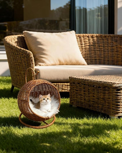Wicker Cat Bed Indoor & Outdoor, Handwoven PP Rattan Cat Swing Bed with Removable Washable Cushion, Breathable Waterproof Cat House for Cats & Small Dogs (Small–11.4" L × 18.9" H)