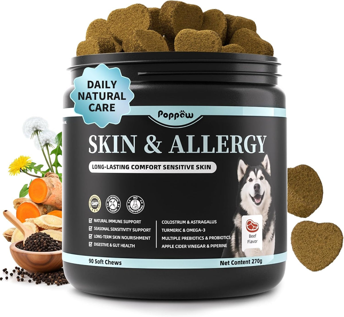 Dog Skin & Allergy Chews - Dog Probiotics for Sensitive Skin Health Support - Allergy Relief - Support Seasonal Allergies, Immune & Gut & Digestive Health Supplement - Beef Flavor - 90 Count