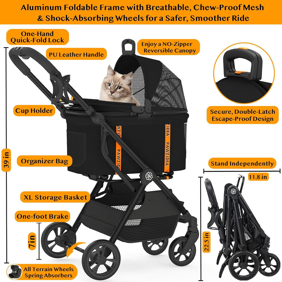 PAWZIDEA Pet Stroller 4 in 1, Dog Strollers for Small/Medium Dogs/Cats with Detachable Carrier NO-Zip Canopy, Seatbelt Puppy Car Seat Combo, Foldable & Lightweight Jogger Cat Strollers, Storage Basket