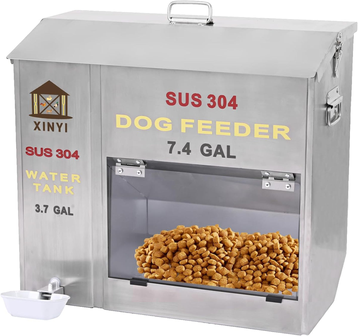 XINYI Automatic Dog Feeder and Waterer 2-in-1,SU304 Stainless Steels 3.7 Gallon Water Tank with 1 Aluminum Alloy Water Cup, 7.4 Gallon Dog Food Dispenser,Automatic Feeder for Pets, Breed, Cat
