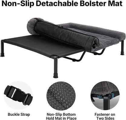 Veehoo Elevated Dog Bed with Fluffy Plush Bolster Cushion, Dog Couch Bed | Cooling Raised Dog Bed for Large Dogs, Washable Orthopedic Pet Cot with Removable Mat, Breathable Mesh, Non-Slip, 59", Grey