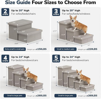 4-Step Wide Dog Stairs with Storage 23" H, Non-Slip Sturdy Pet Steps for High Bed Couch Window, Pet Stairs for Small/Medium/Large Old Dogs Cats Up to 220lbs, Cat Dog Steps for Car, Light Grey
