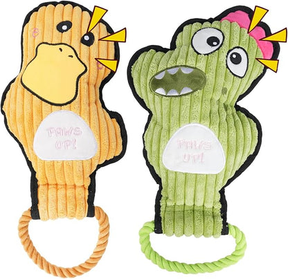 2-Pack Squeaky Dog Toys & Tough Tug of War Set - No Stuffing Chew-Resistant Plush Toys to Keep Them Busy, Best Birthday Gift for Small/Medium/Large Breeds (Ducks & Dino)
