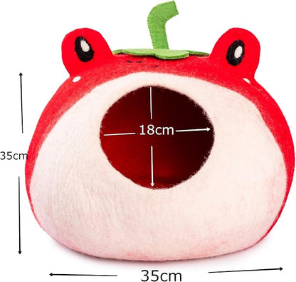 Luxurious Merino Wool Cat Cave - Foldable Hideaway Pod for Indoor Cats - Premium Felt Kitten Pet Enclosure - Covered Cat House for Ultimate Cozy Comfort by Woolygon (Red Frog)