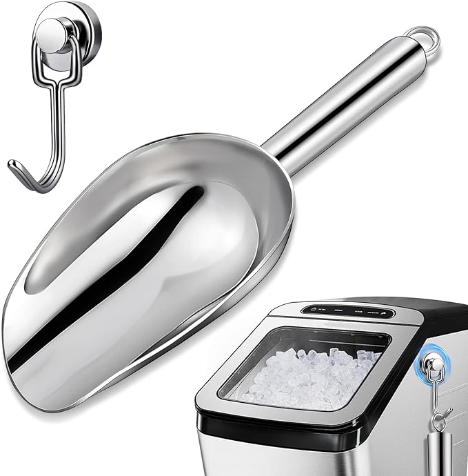 3oz Stainless Steel Ice Scoop for Freezer with Magnetic Hook – Dishwasher Safe Ice Scooper for Ice Machine – Metal Scoop for Ice Bucket, Dog Food, Flour, Canisters