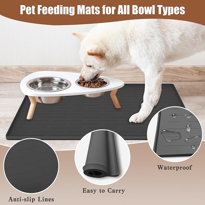 24"x16" Large Dog Food Mat, Silicone Dog and Cat Mats for Food and Water Bowls, Waterproof Raised Edge Pet Feeding Mat for Contain Spills Protects Floors, Multiple Colors & Sizes for Pets, Dark Gray