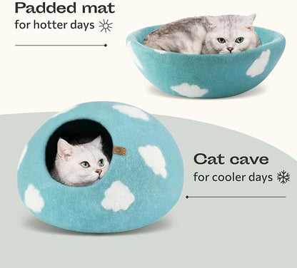 Cat Cave – Premium Felt Cat Bed Enclosure for Indoor Cats, Handmade Merino Wool (Cloud Nap Blue, Large)