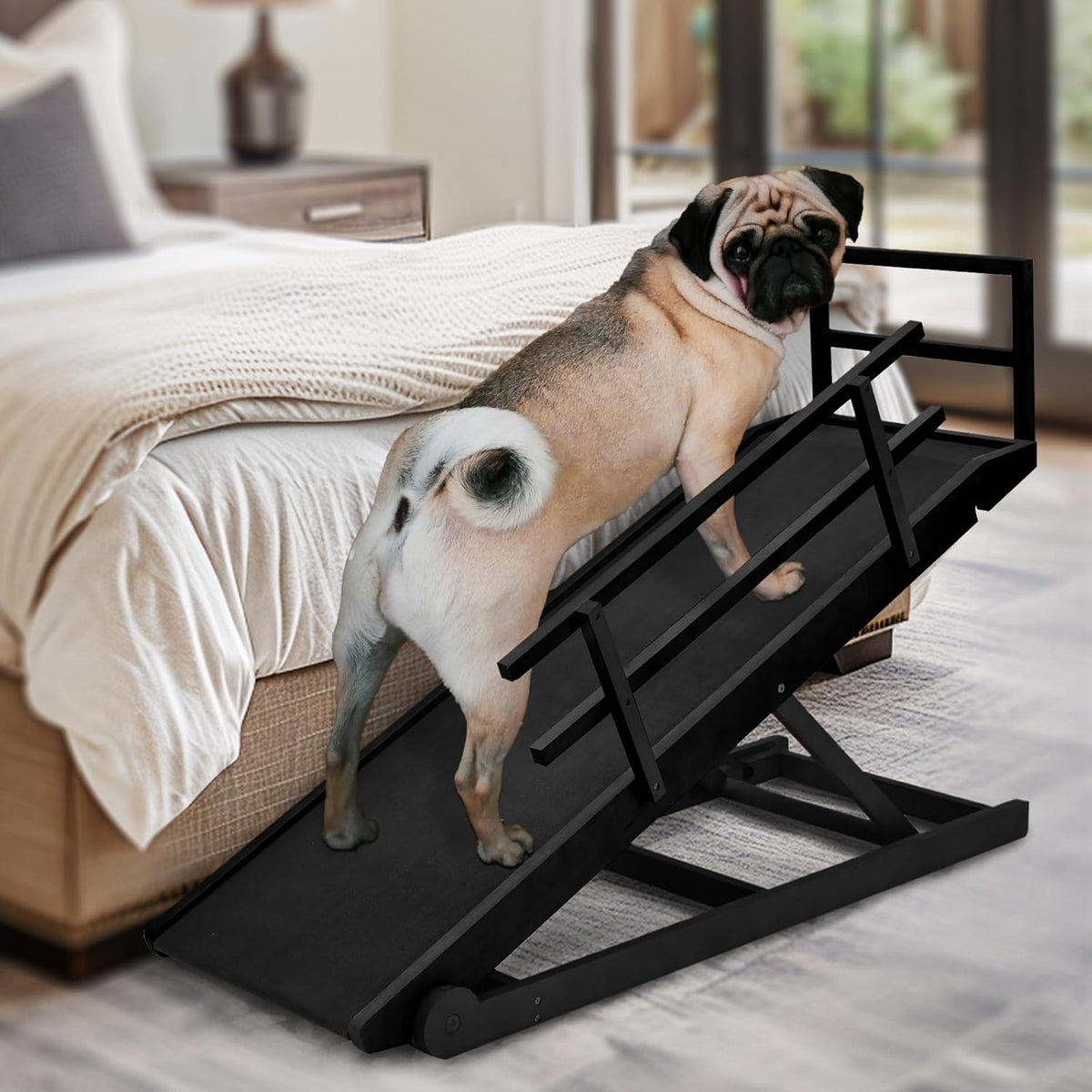 Dog Ramp, 5 Level Adjustable Wooden Folding Pet Ramp for Middle Bed, Couch,SUV-High Traction, Portable Paw Ramps for Small & Large Old Dogs & Cats - Furniture Quality