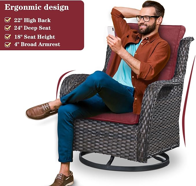 Belord 5 Piece Outdoor Patio Furniture Set - Wicker Furniture Patio Conversation Set, Outdoor Swivel Rocker Chairs with 3-Seater Sofa and 2 Ottomans for Small Space, Red Cushion
