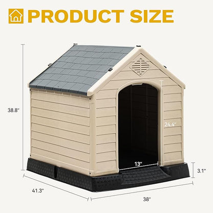 DWVO Plastic Dog House, Weatherproof Outdoor/Indoor Doghouse, Puppy Kennel with Air Vents and Elevated Floor