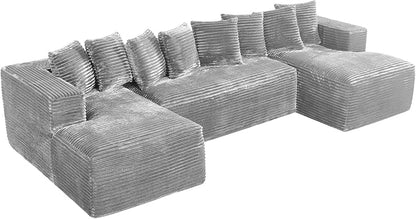 Modular Sectional Sofa, 130" U Shaped Cloud Couch Plush Corduroy Deep Seat Boneless Sofas with 8 Pillows Double Chaise Lounge Sectional Couches with Memory Foam for Living Room - Light Grey